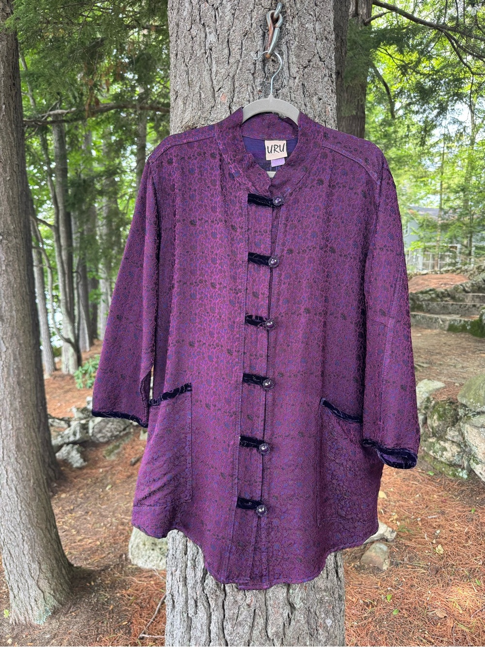 URU Purple Textured Mandarin-Collar Jacket Silk Rayon Blend L